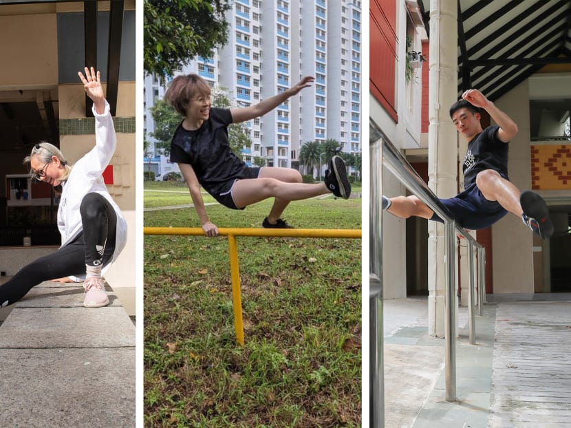 Parkour practitioners (from left to right) Lim Sing Yuen, 58, Janel Ang, 26, and parkour coach Tan Shie Boon, 29.