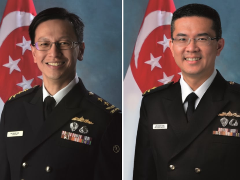 (From left) Outgoing Chief of Navy Rear-Admiral (RADM) Lai Chung Han will be replaced by RADM Lew Chuen Hong, currently Chief of Staff – Naval Staff, on June 16, 2017. Photos: Mindef