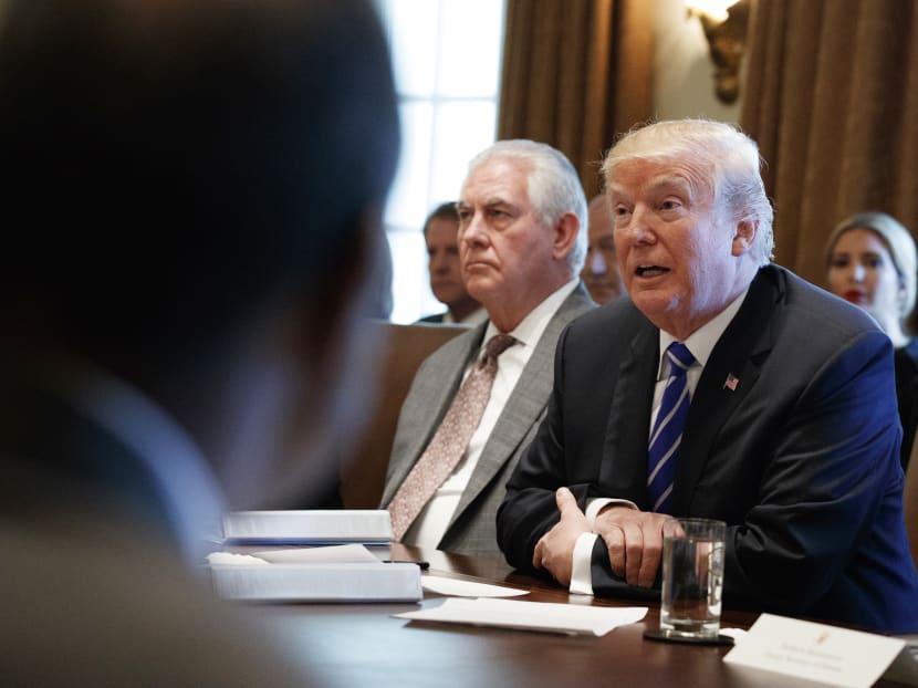 Secretary of State Rex Tillerson listens as President Donald Trump announces that the United States will designate North Korea a state sponsor of terrorism during a cabinet meeting at the White House, Monday, Nov. 20, 2017, in Washington. Photo: AP