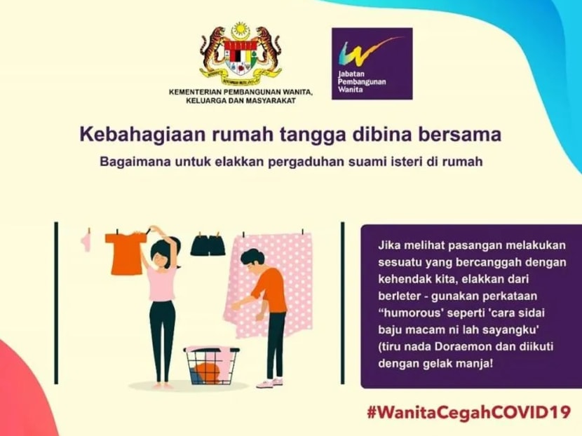 On the subject of educating one’s spouse on doing household chores, Malaysia's Women, Family and Community Development Ministry advised wives to adopt a 'Doraemon-like' tone and giggle coyly as opposed to 'nagging'. On the subject of educating one’s spouse on doing household chores, Malaysia's Women, Family and Community Development Ministry advised wives to adopt a 'Doraemon-like' tone and giggle coyly as opposed to 'nagging'.