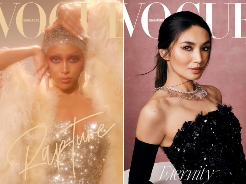 Fashion magazine Vogue Singapore's covers from its April 2022 issue (left) and November/December 2021 issue.
