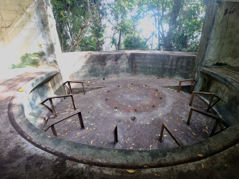 The interior of a gun emplacement of the Ubin Anti-Motor Torpedo Boat battery. Researchers are conducting the first in-depth archaeological survey, beginning with World War 2 historical artefacts on Pulau Ubin. Photo: Koh Mui Fong/TODAY