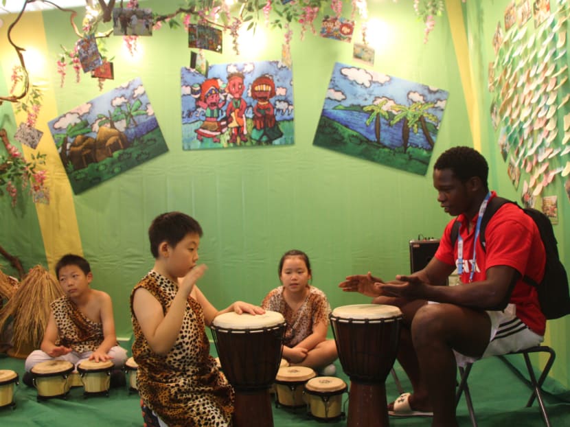 A booth exhibiting African culture at the Youth Olympic Village. Photo: ADELENE WONG
