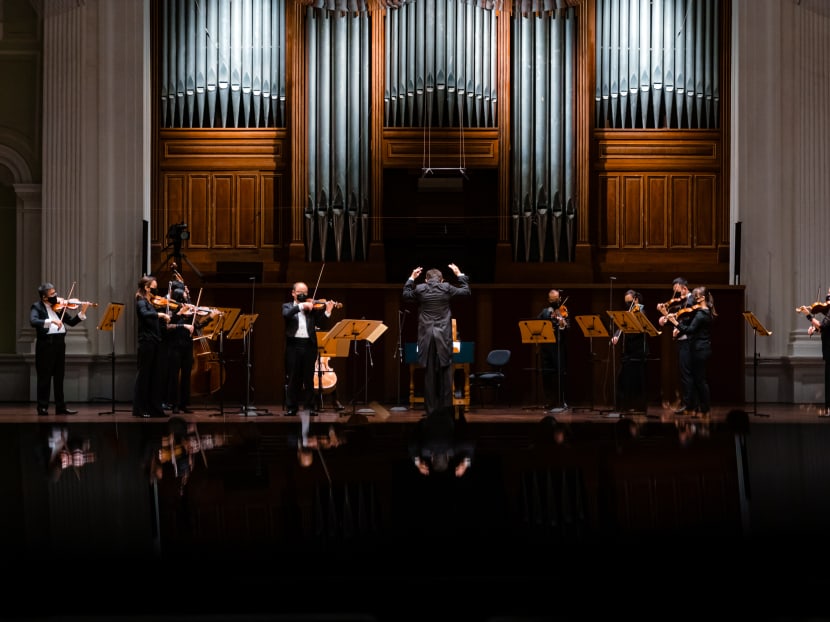 A file photo from the Singapore Symphony Orchestra’s Celebrating Bach II live concert at the Victoria Concert Hall in December 2020. A file photo from the Singapore Symphony Orchestra’s Celebrating Bach II live concert at the Victoria Concert Hall in December 2020.