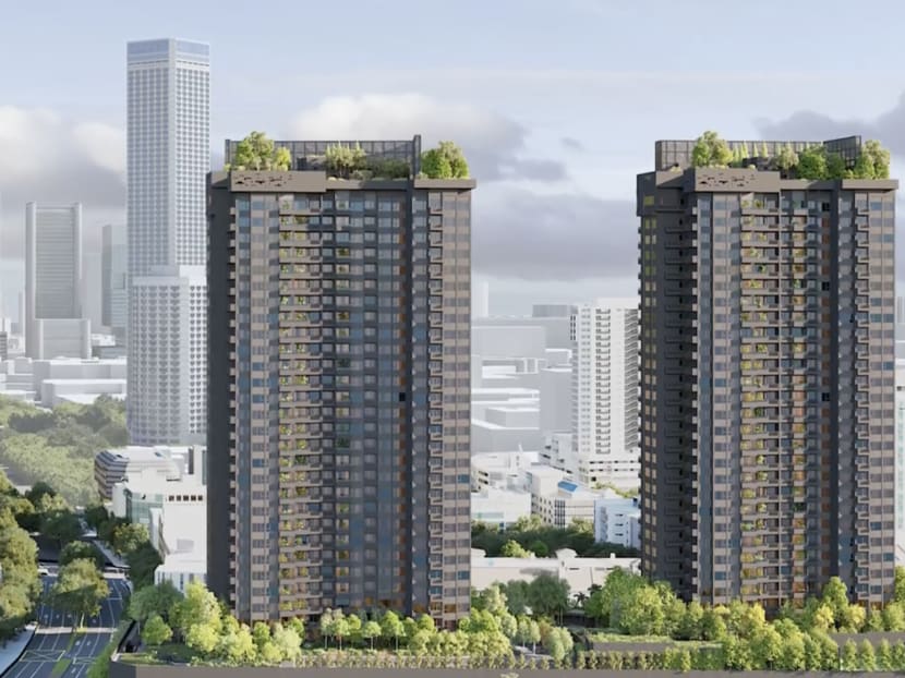 An artist's impression of the two towers of the Midtown Modern condominium development near Bugis MRT Station. A penthouse unit there sold for S$14.8 million in March 2021.