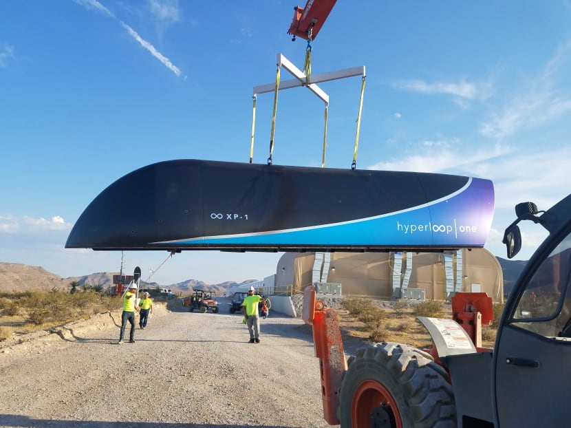 s file photo taken on July 12, 2017 and released by Hyperloop One shows the first Prototype of Hyperloop One Pod on July 12, 2017. Photo: AFP