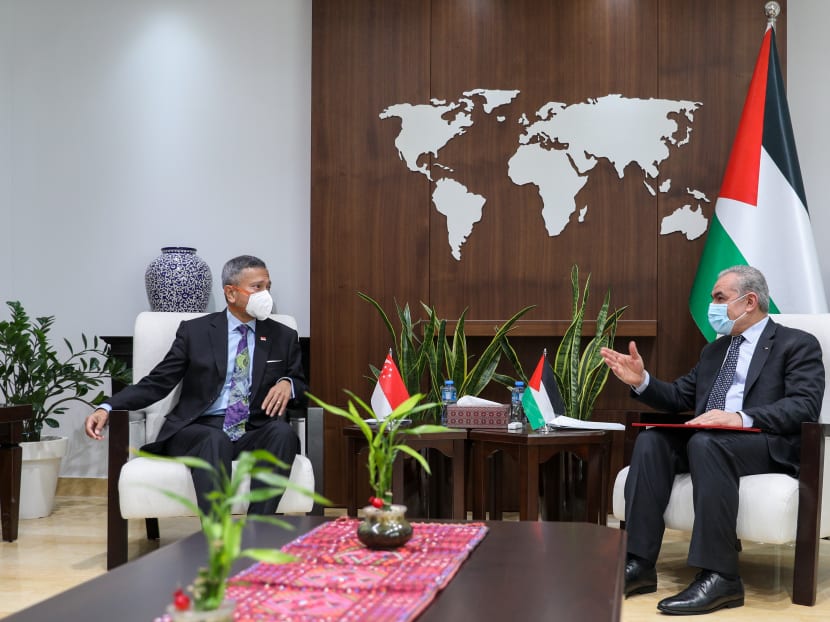 Singapore's Minister for Foreign Affairs Vivian Balakrishnan meeting Palestinian Authority Prime Minister Mohammad Shtayyeh on March 20, 2022.