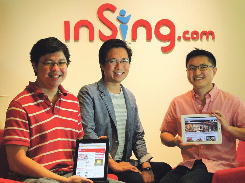 HungryGoWhere's founders (from left) Mr Wong Hoong An, Mr Dennis Goh and Mr Tan Yung Yih back in 2012. TODAY file photo