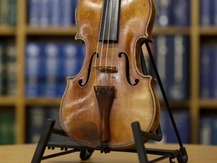 In this Aug 6, 2015, photo, the Ames Stradivarius violin is displayed during a news conference in New York. Photo: AP