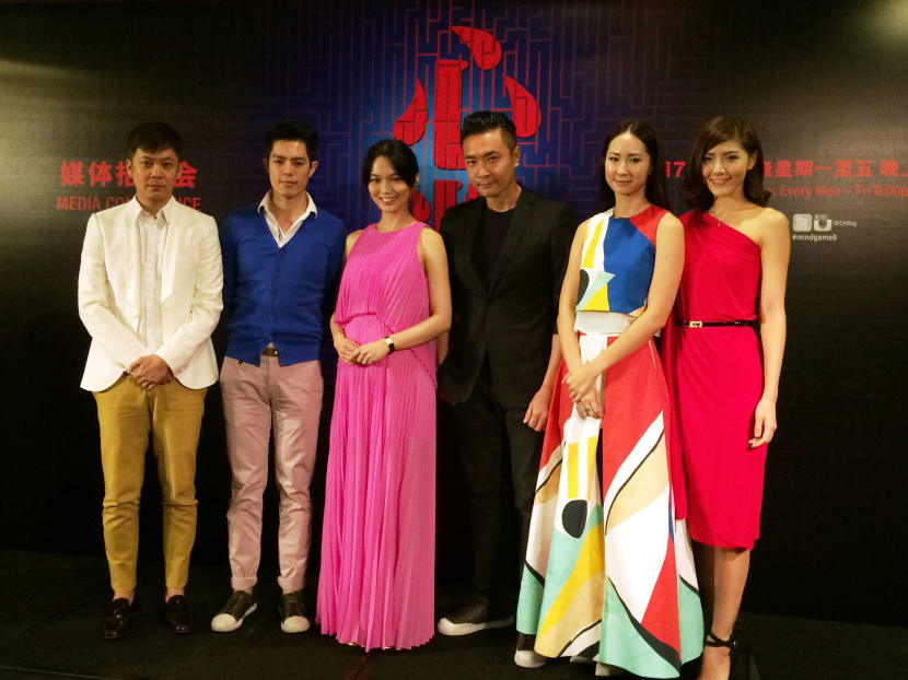 Joanne Peh (and Baby Qi under that pink dress) with her Mind Game co-stars. Photo: May Seah