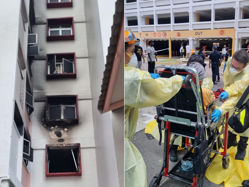 In photos posted by SCDF on Facebook, a person can be seen on a stretcher being attended to by paramedics. Another photo showed the broken window of the affected unit, with debris strewn on the block's ground floor as smoke blackened parts of the exterior wall.