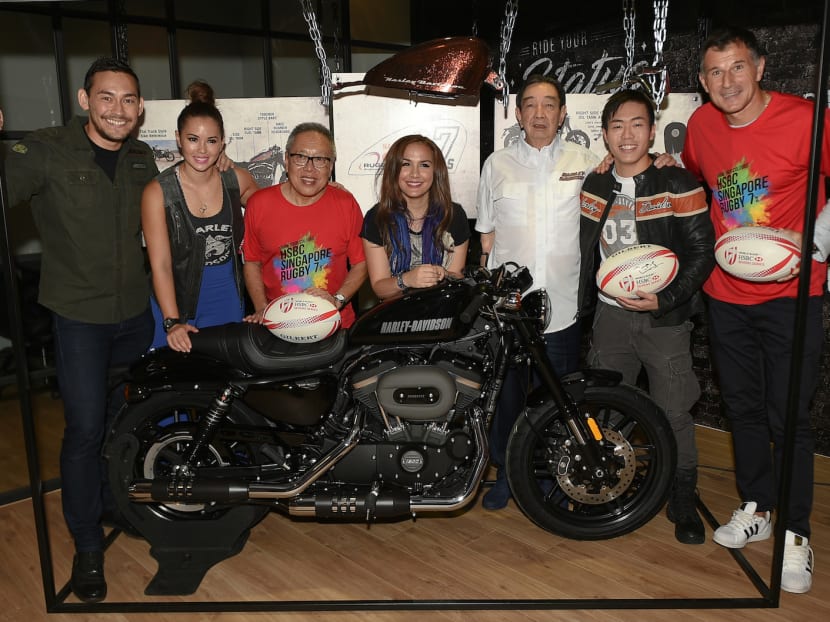 Local personalities (from left) Paul Foster, Claire Jedrek, Rugby Singapore chairman Low Teo Ping,  Ming Bridges, Komoco Motorcycles managing director Teo Hock Seng, Luke Lee and Aleksandar Duric added some star dust to the partnership launch on Friday, Feb 17, 2017. Photo: Rugby Singapore