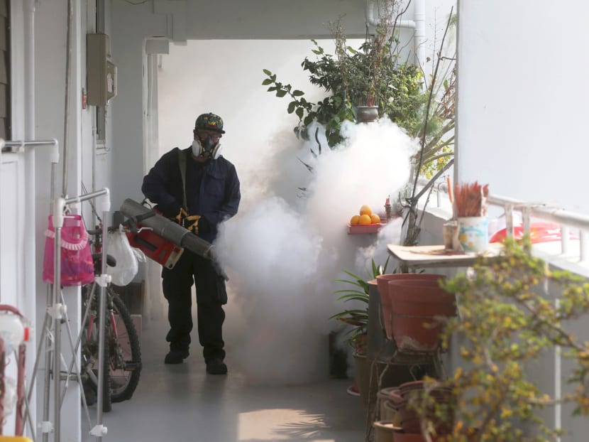 Thermal fogging being carried out in the vicinity of Block 102, Aljunied Crescent, last August where a 47-year-old Malaysian woman  contracted the Zika virus in what is believed to be the first locally transmitted case. TODAY file photo