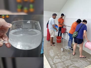 Residents at the Senja Ridges BTO project filling up pails during the water outage on March 19, 2023 (right) and some of the clouded water that flowed before the service was fully restored (left).