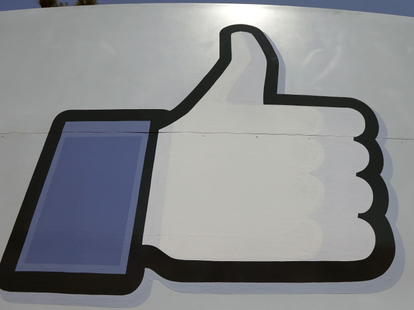 This June 11, 2014 file photo shows Facebook's "like" symbol at the entrance to the company's campus in Menlo Park, California. Photo: AP