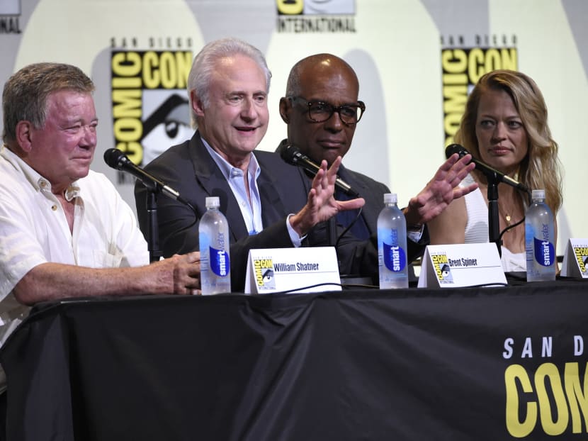 William Shatner, from left, Brent Spiner, Michael Dorn, and Jeri Ryan attend the "Star Trek" panel on day 3 of Comic-Con International on Saturday, July 23, 2016, in San Diego. Photo: AP