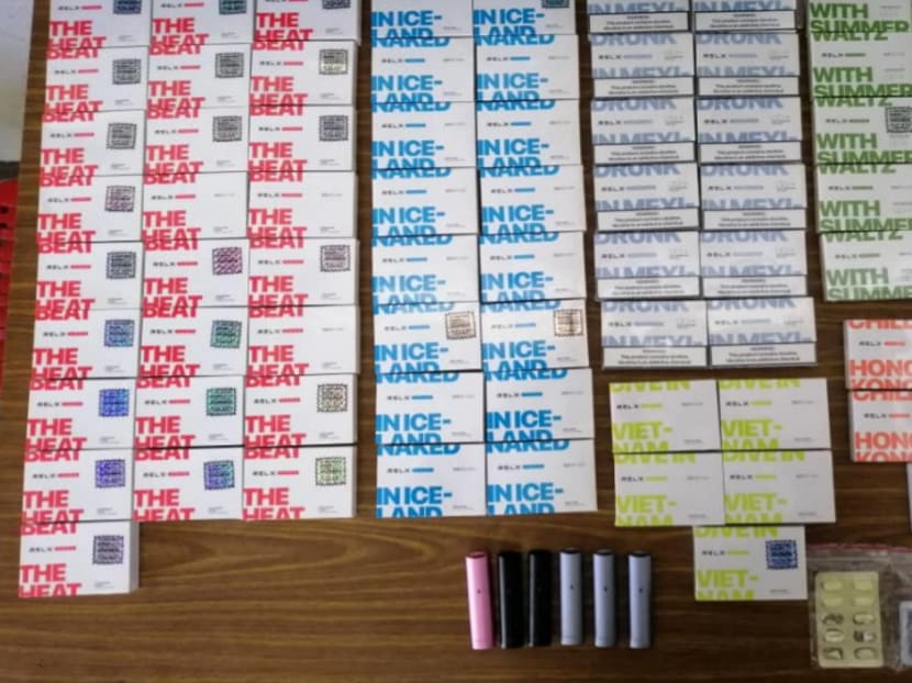 Electronic vaporisers and electronic liquid cartridges found in a car driven by a 27-year-old Singaporean and seized by the Immigration and Checkpoints Authority on July 5, 2019.