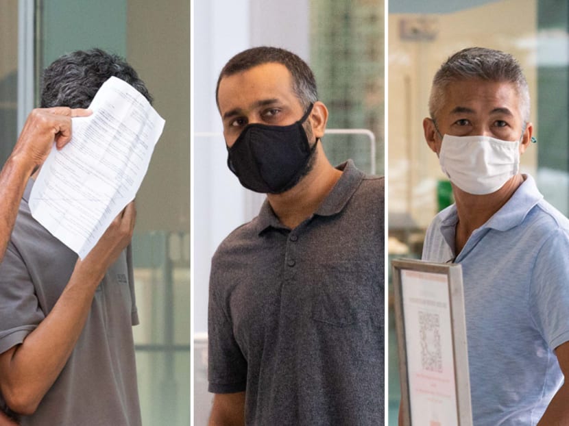 From left: Former Shell employees Juandi Pungot, Muzaffar Ali Khan Muhamad Akram and Richard Goh Chee Leong are seen leaving the State Courts on Feb 23, 2021.