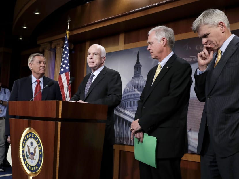 From left, Republican Senator Lindsey Graham, Republican Senator John McCain, Republican Senator Ron Johnson and Republican Senator Bill Cassidy speak to reporters at the Capitol as the Republican-controlled Senate was unable to fulfill their political promise to repeal and replace "Obamacare" because of opposition and wavering within the Republican ranks, Thursday, July 27, 2017. Photo: AP
