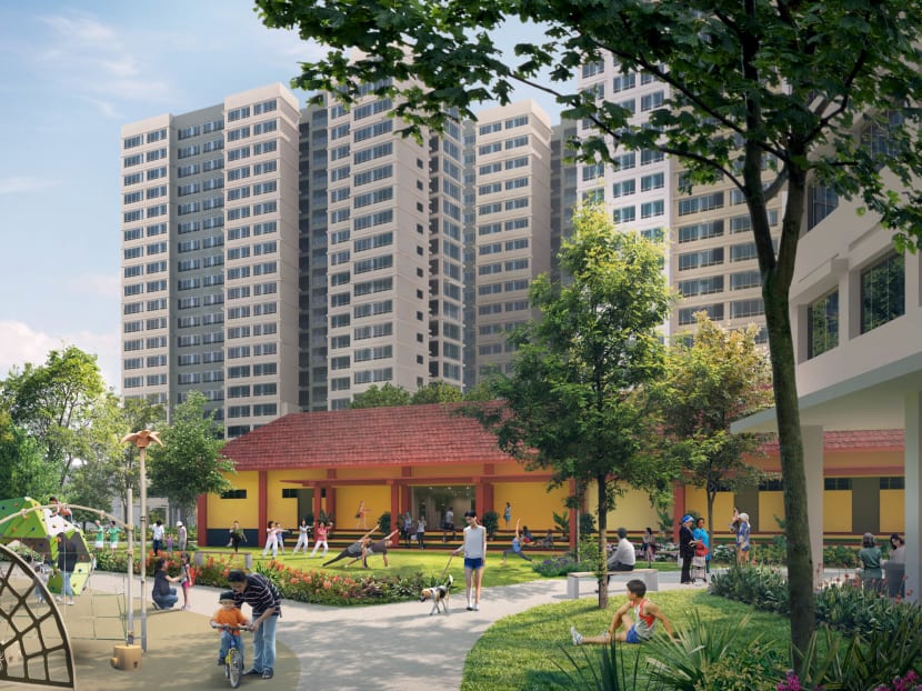 An artist’s impression of one of the upcoming public housing projects at Farrer Park. The retained boxing gym (in yellow) will be converted to a community sports facility. An artist’s impression of one of the upcoming public housing projects at Farrer Park. The retained boxing gym (in yellow) will be converted to a community sports facility.