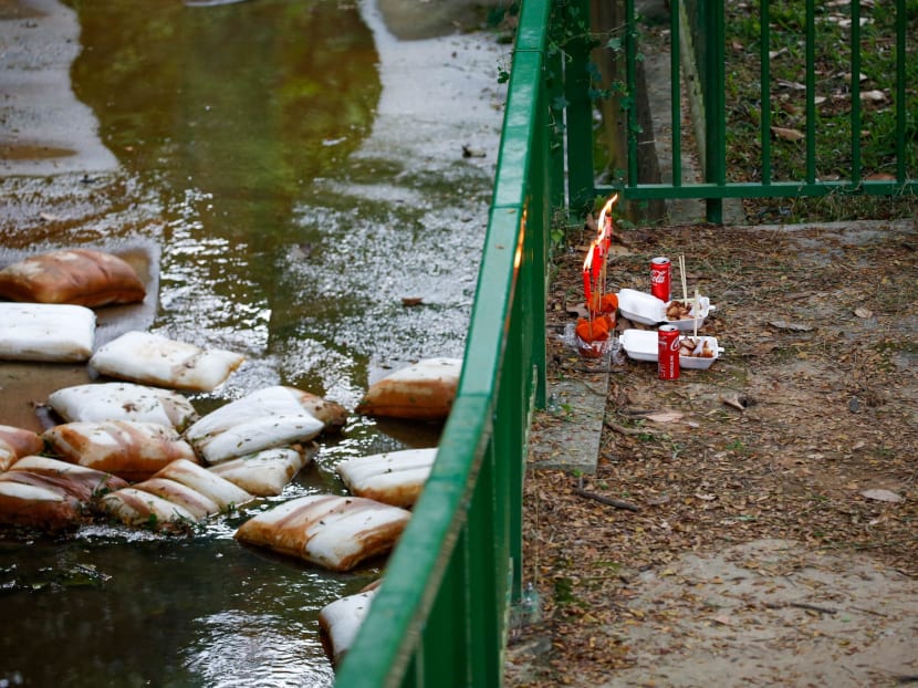 Prayer offerings left near a drain at a playground along Greenridge Crescent in Upper Bukit Timah, where two 11-year-old boys were found dead.