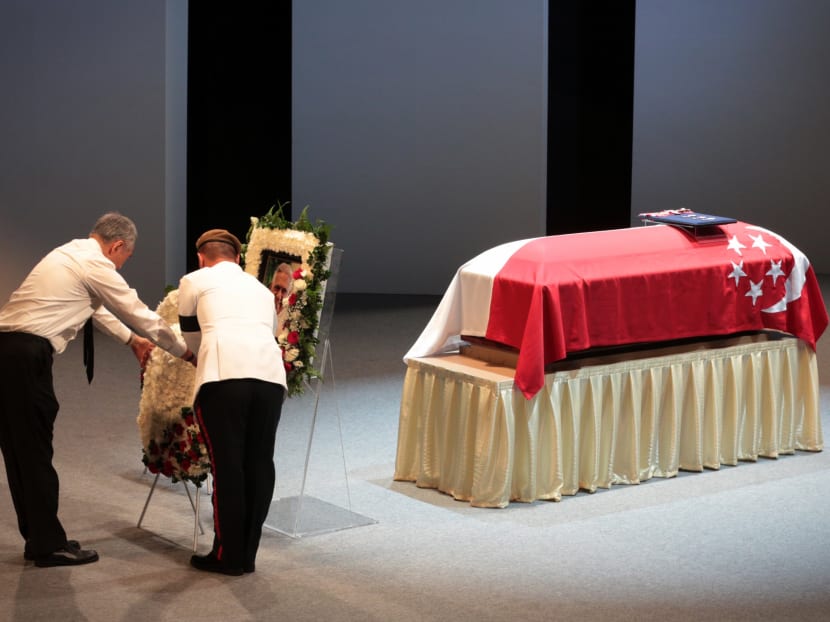 PM Lee, in his eulogy for Mr S R Nathan, said the former President hoped that Singaporeans, especially the younger ones, would learn from his memoirs ‘to not give up’. Photo: Jason Quah