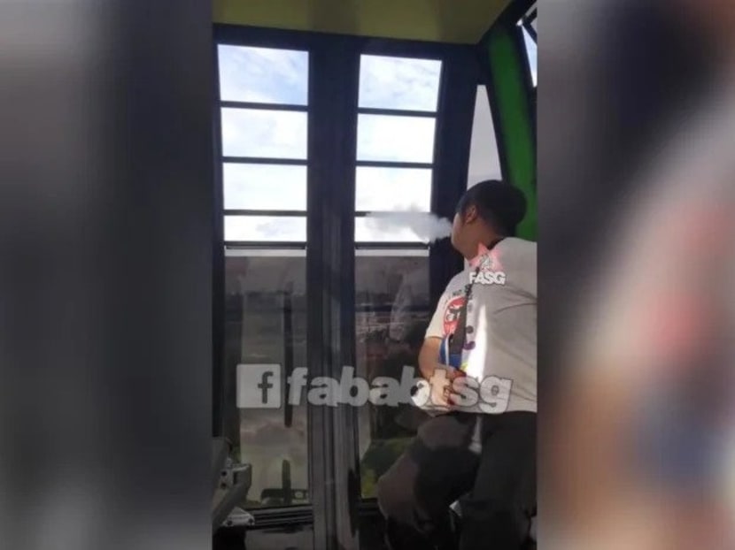 The 24-year-old man, who was thought to be a teenager, is seen vaping in a Sentosa cable car.