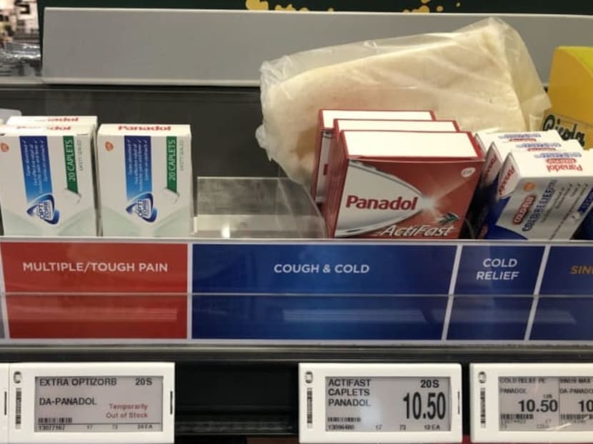 A photo of the Panadol shelf at Hougang 1 Mall in Singapore on April 7, 2022.