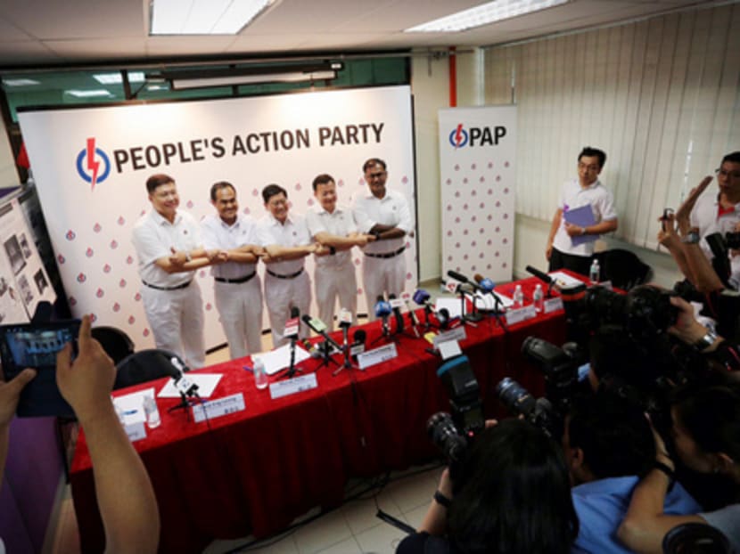 PAP candidates for Aljunied GRC (from left) Chua Eng Leong, Shamsul Kamar, Yeo Guat Kwang, Victor Lye and K Muralidharan Pillai after the press conference yesterday. Photo: Jason Quah