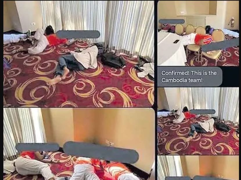 Photos posted on social media show members of Cambodia’s football team sleeping on the floor.