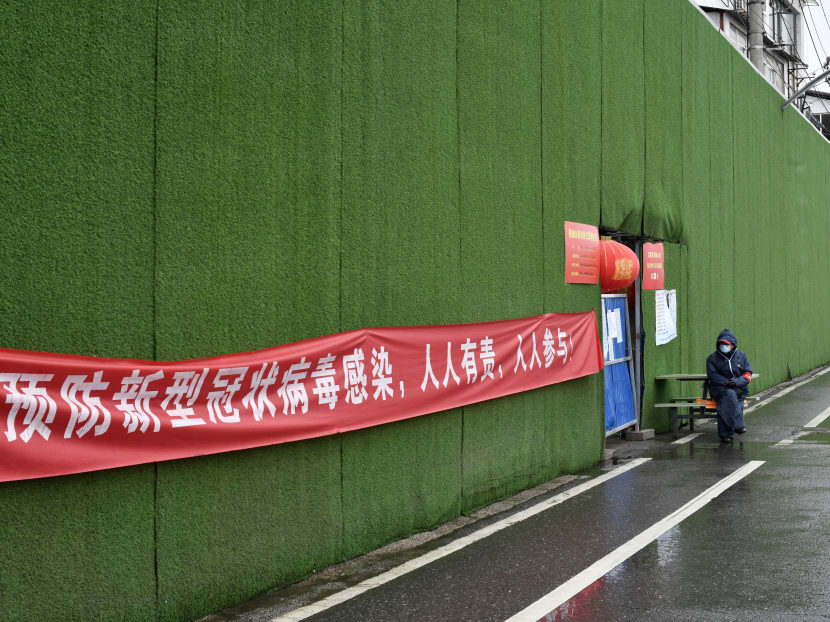 A community worker wearing a face mask keeps watch at an entrance to an area under lockdown in Wuhan, the epicentre of the novel coronavirus outbreak, Hubei province, China, March 3, 2020.