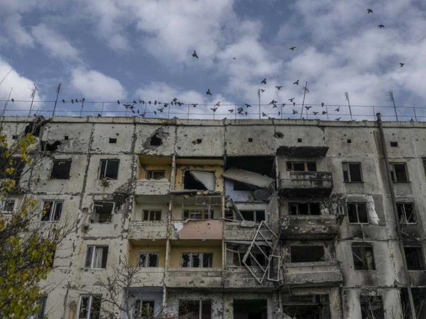 Birds fly over a damaged building in the Kherson region village of Arkhanhelske on Nov 3, 2022, which was formerly occupied by Russian forces.