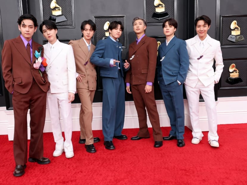 V, Suga, Jin, Jungkook, RM, Jimin and J-Hope of BTS attend the 64th Annual GRAMMY Awards at MGM Grand Garden Arena on April 3, 2022 in Las Vegas, Nevada.
