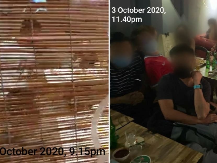 Nine customers (left) who were seated across two tables and intermingling in a private room at Tong Xin Ru Yi Traditional Hotpot and several customers (right) who were found consuming alcohol at 11.40pm at the Invincible Noodle House.