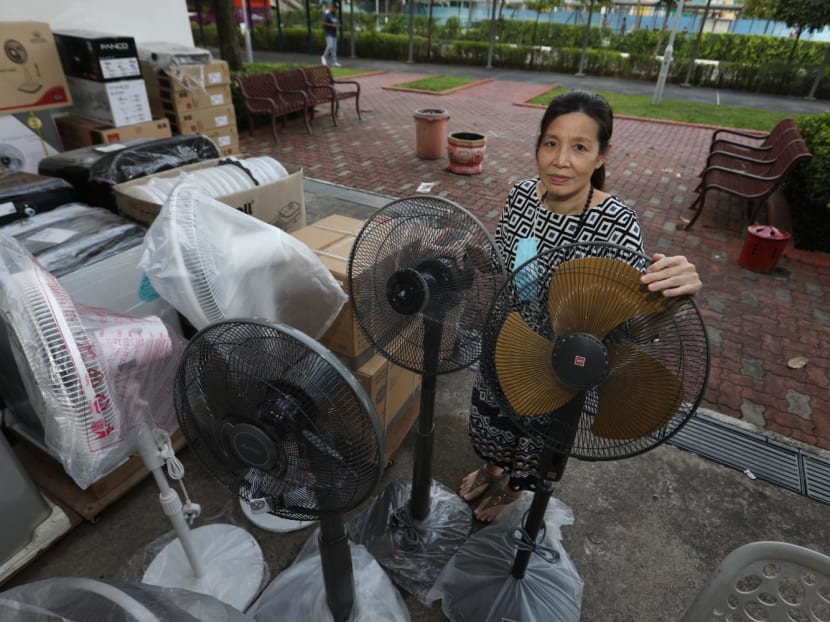 Ms Catherine Low from Etronin Home Appliances showing a few models of fans sold at her shop.