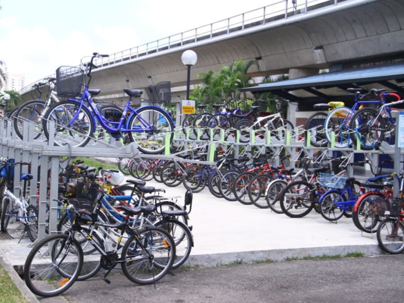 Bicycle packing racks at Admiralty MRT Station. TODAY file photo