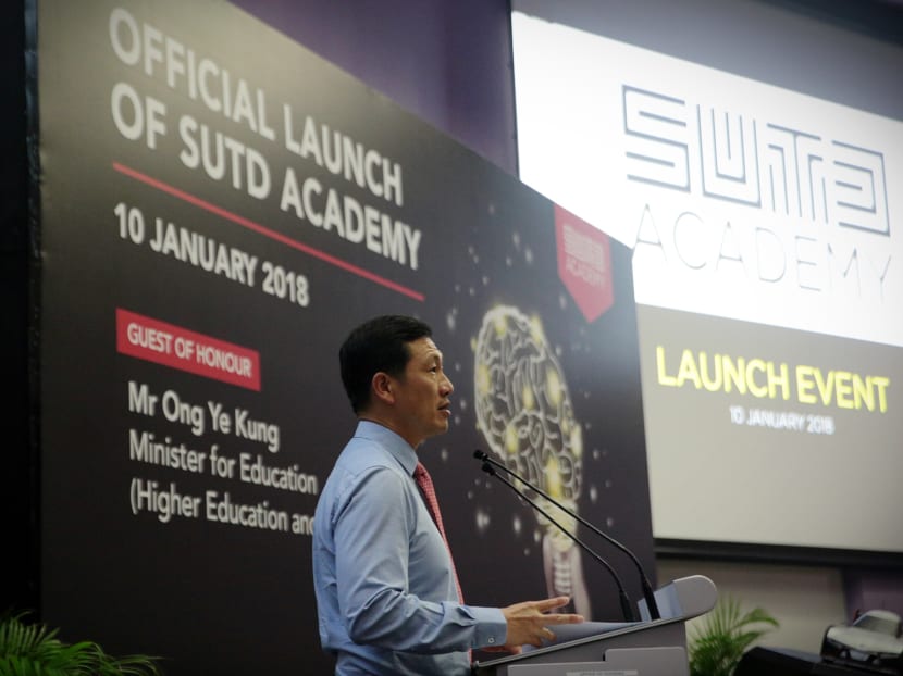 Education Minister (Higher Education and Skills) Ong Ye Kung speaking at the launch of the SUTD Academy on Wednesday (Jan 10). Photo: Jason Quah/TODAY