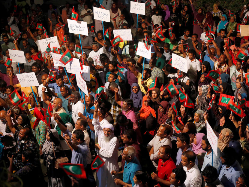 Opposition supporters in Maldives protest against the government's delay in releasing their jailed leaders, despite a Supreme Court order. A power struggle in the tiny Indian Ocean nation is taking centrestage in a wider battle for regional influence between India and China. Photo: Reuters