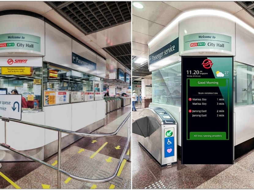 An artist impression of the passenger service centre at City Hall MRT station before (left) and after (right) the implementation of Kaizen’s methodology. Photo: SMRT