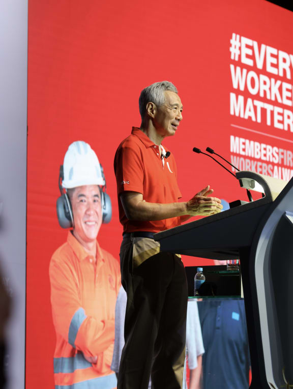 Prime Minister Lee Hsien Loong speaking at the May Day Rally. Prime Minister Lee Hsien Loong speaking at the May Day Rally.