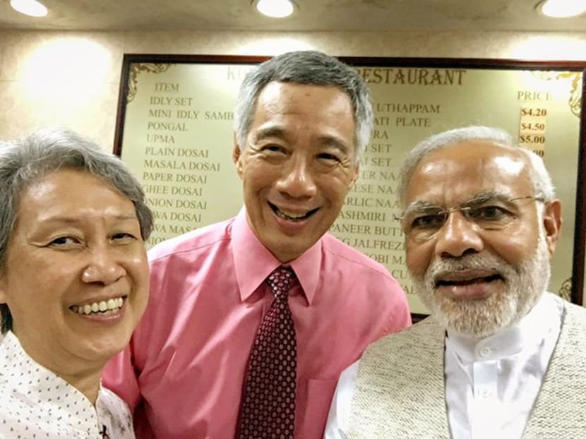 Indian Prime Minister Narendra Modi takes a selfie with Prime Minister Lee Hsien Loong and Mr Lee’s wife Ho Ching on Nov 23, 2015. Photo: Lee Hsien Loong/Facebook