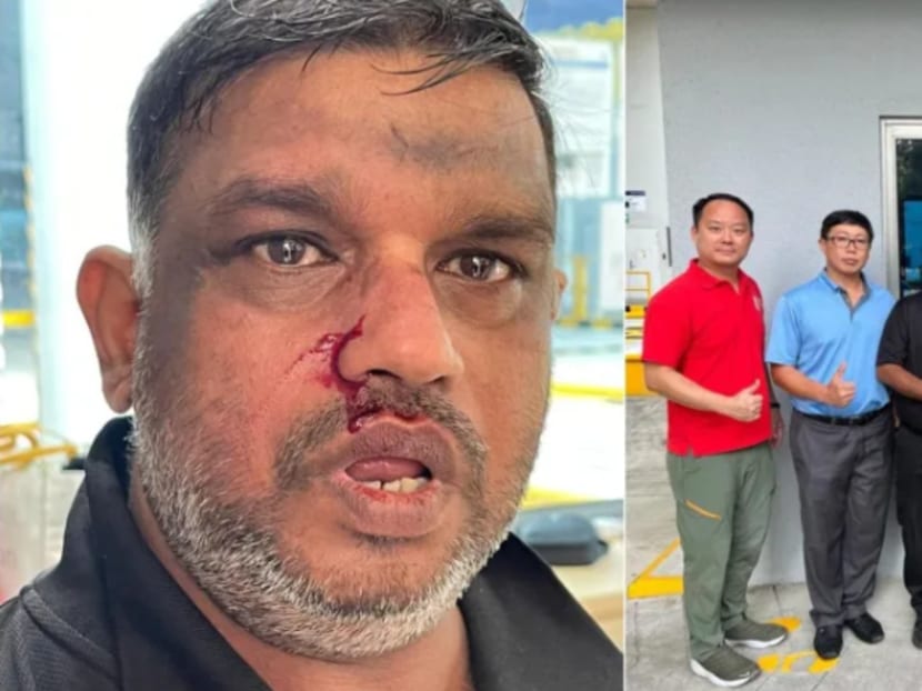 Mr Suresh Subramaniam (left) sustained facial injuries after he was attacked. Representatives from the Union of Security Employees visited him on Monday afternoon.

