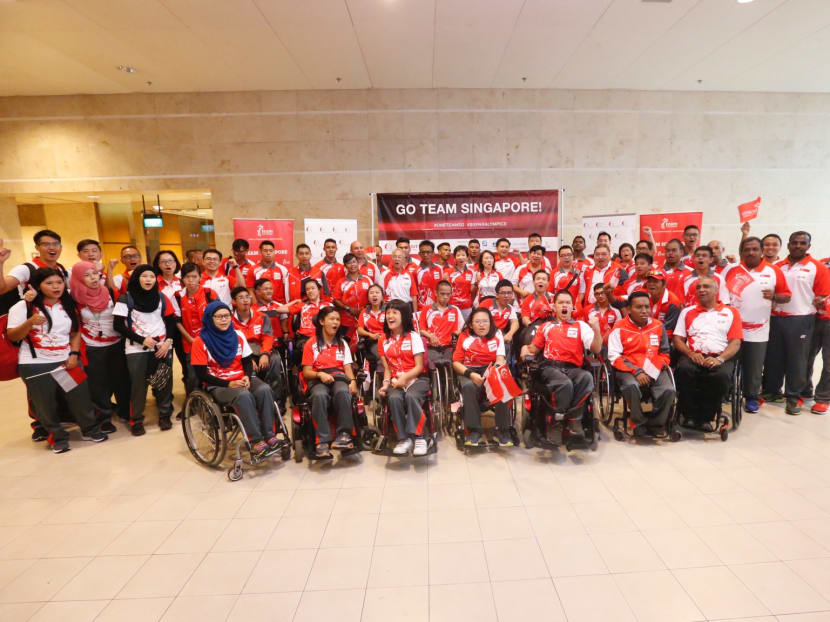 Singapore athletes of the Archery, Athletics, Boccia, Chess, CP Football and Cycling teams at the Changi Airport Terminal 2 Arrival hall on 13 September 2017. Singapore will field 90 athletes at the 2017 ASEAN Para Games, making it the largest contingent for an away ASEAN Para Games. Photo: Najeer Yusof/TODAY