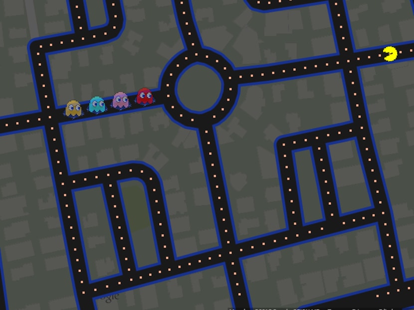 A screenshot of Google Maps when a game of Pac-Man is activated today (April 1).
