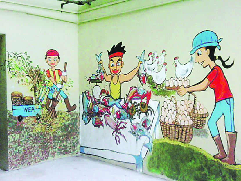 A mural at Bukit Merah Lane 1 depicting daily life in Singapore. Photo: Barbara Hirayama