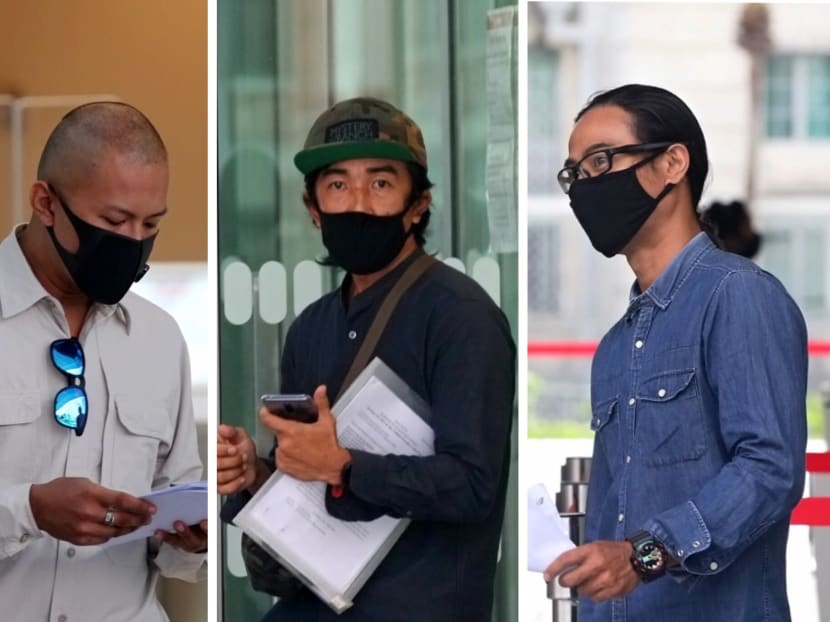 (From left) Rizani Sham Mohamed Hussin, Zulman B Mashonain and Mohamed Hafiz Mat Nadar outside the State Courts on May 18, 2020.