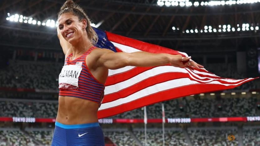 Olympics-Athletics-American Allman all smiles after winning discus gold Olympics-Athletics-American Allman all smiles after winning discus gold