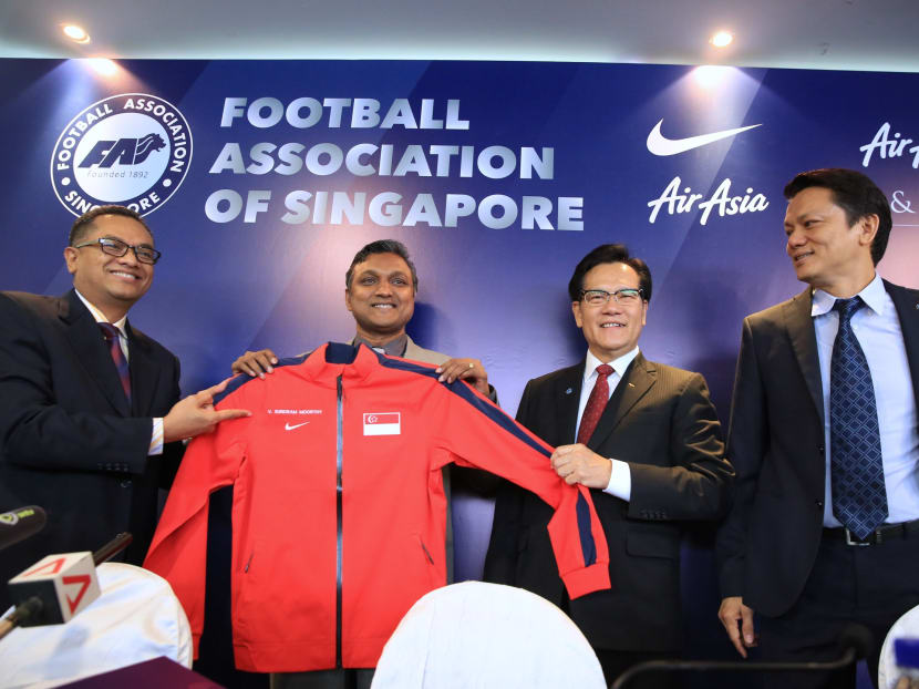 From left: FAS president Mr Zainudin Nordin, Singapore's national team coach Mr V. Sundramoorthy, FAS vice president Mr Lim Kia Tong and FAS general secretary Mr Wintson Lee at a press conference earlier this year. Photo: Koh Mui Fong