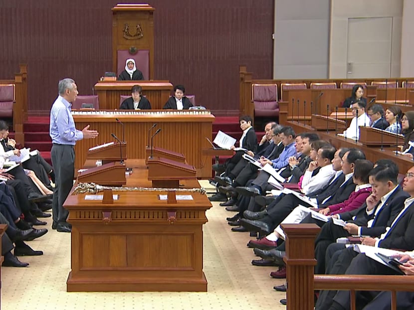 PM Lee Hsien Loong (C) delivering his ministerial statement to Parliament on Monday (July 3). During his speech, he addressed allegations concerning abuse of power on matters relating to the 38 Oxley Road dispute. Photo: Parliament telecast screencap
