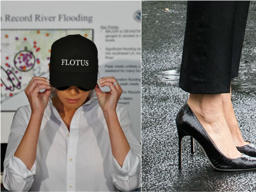 The US First Lady received some bashing over her style choices when visiting the flood-hit areas in the United States, thanks to her wearing a cap that said "Flotus" (First Lady of the United States) and her stiletto heels. Photos: AFP